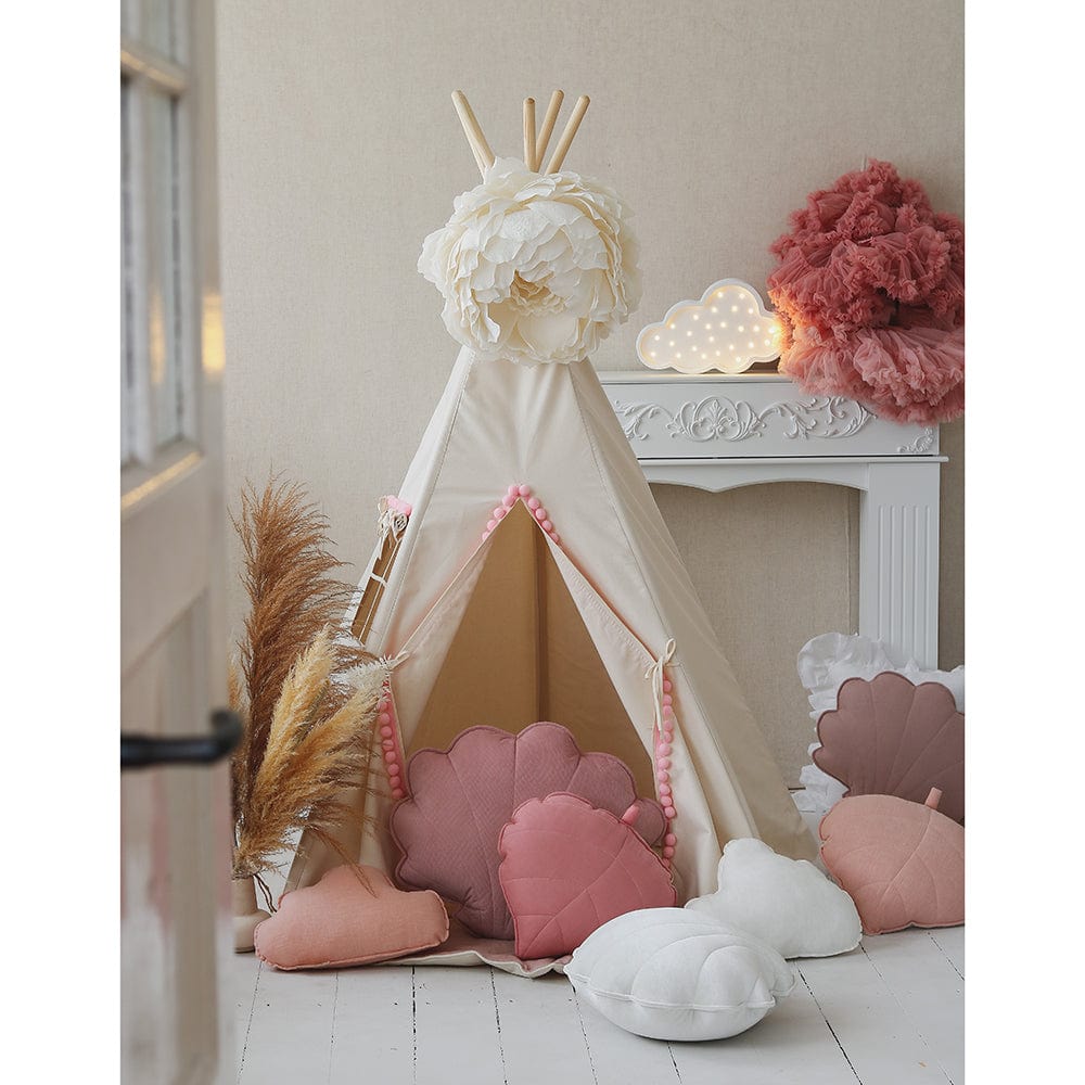 Fluffy Pompoms Teepee With Pompoms And Mat Set - Beige, Pink - Stylemykid.com