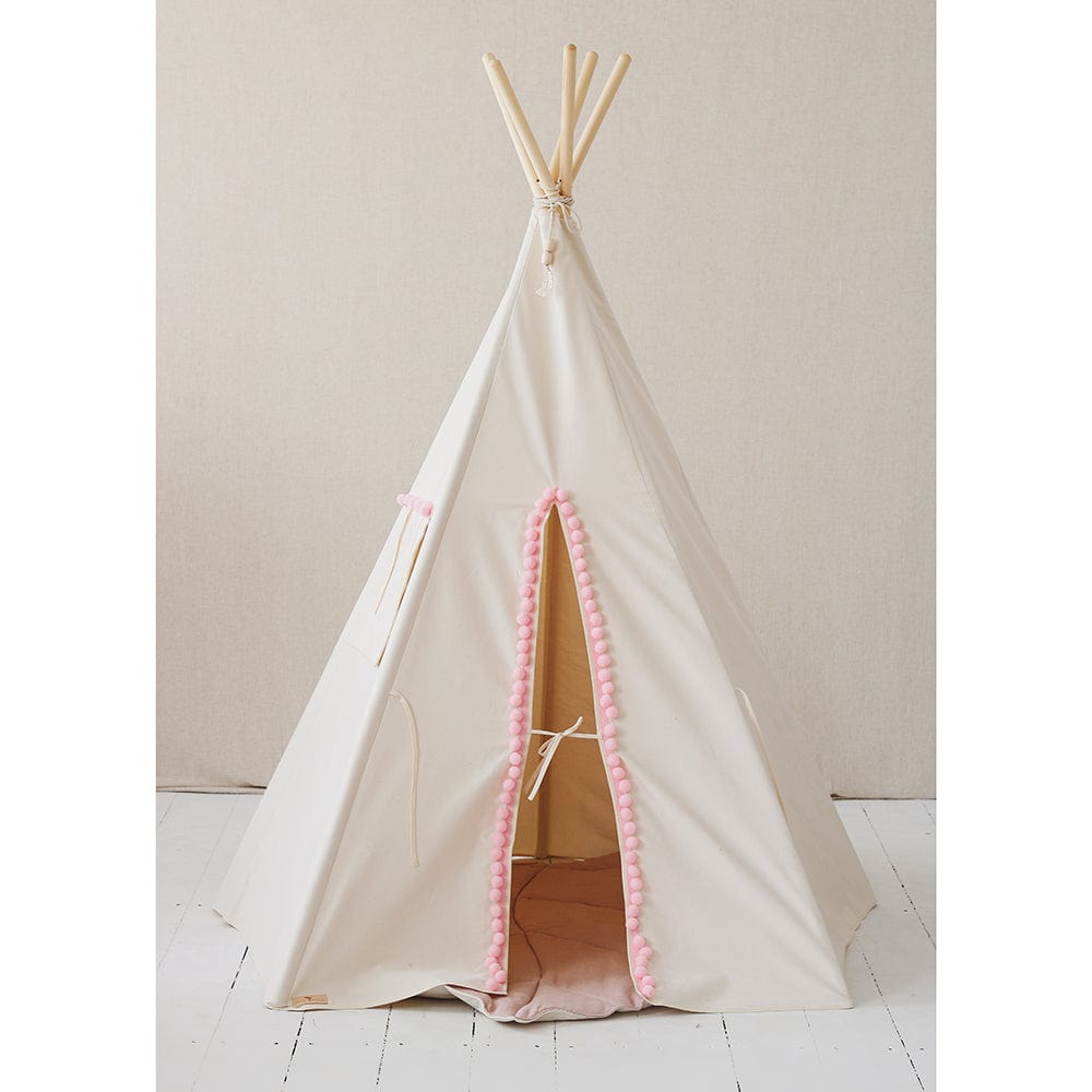 Fluffy Pompoms Teepee With Pompoms And Mat Set - Beige, Pink - Stylemykid.com