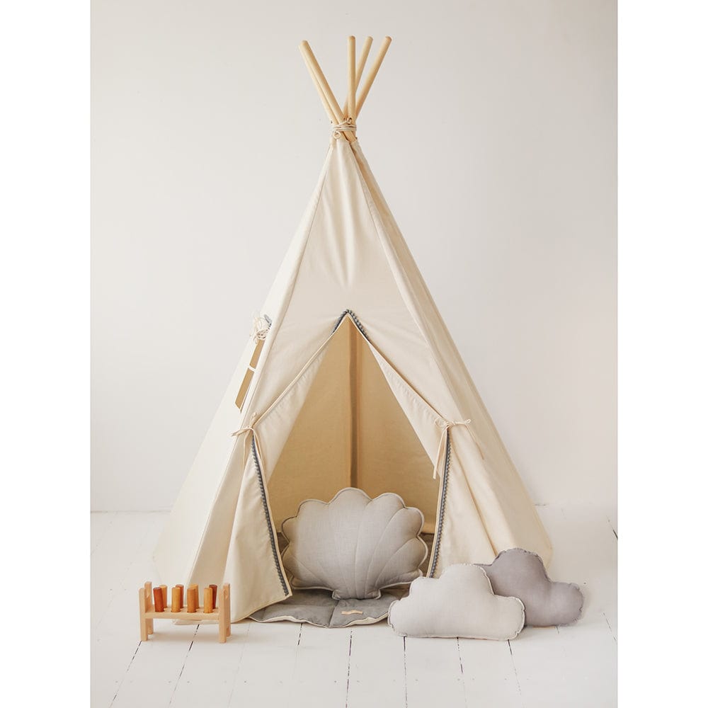 Grey Pompoms Teepee Tent With Pompoms - Beige, Grey - Stylemykid.com