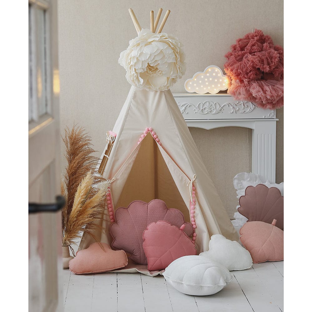 Fluffy Pompoms Teepee With Pompoms And Mat Set - Beige, Pink - Stylemykid.com