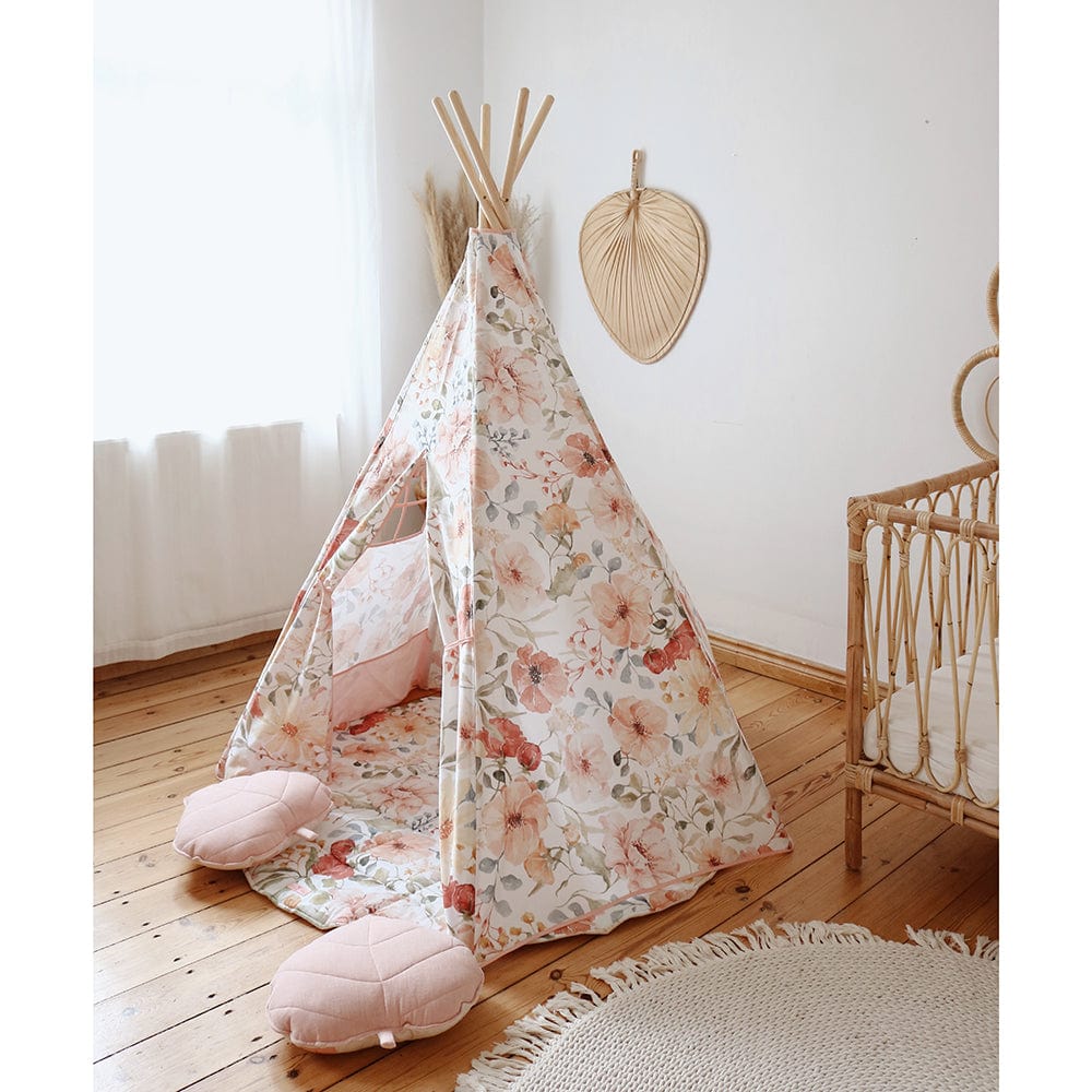 Flower Power Teepee And Mat Set - Beige, Red, Green, Orange - Stylemykid.com