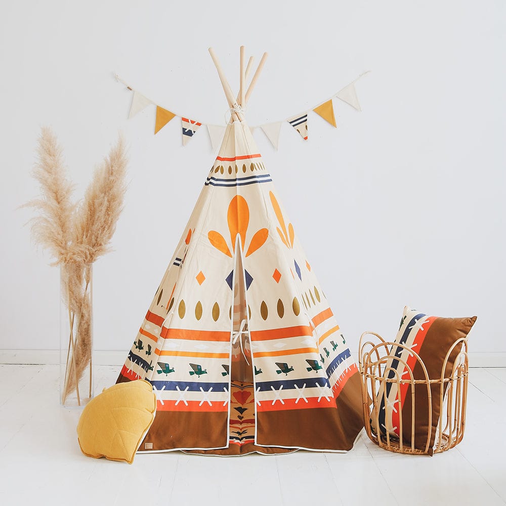 Native Vibe Teepee Tent And Mat Set - Beige, Brown, Orange, Blue - Stylemykid.com