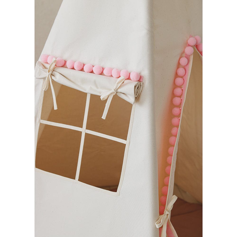 Fluffy Pompoms Teepee With Pompoms And Mat Set - Beige, Pink - Stylemykid.com