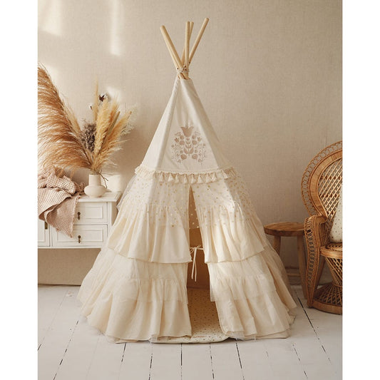 Boho Teepee Tent With Frills And Embroidery - Beige - Stylemykid.com