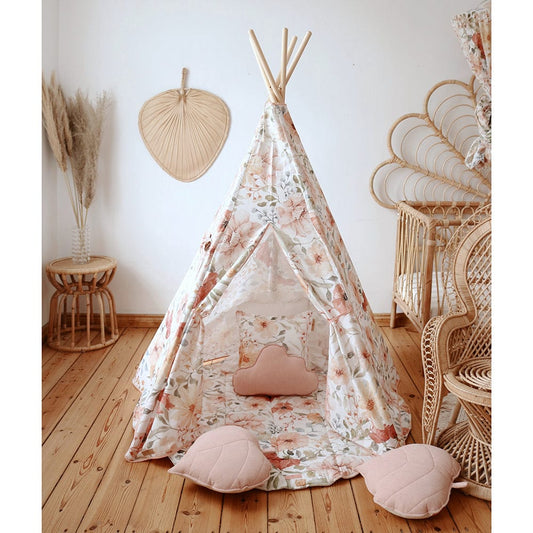 Flower Power Teepee And Mat Set - Beige, Red, Green, Orange - Stylemykid.com