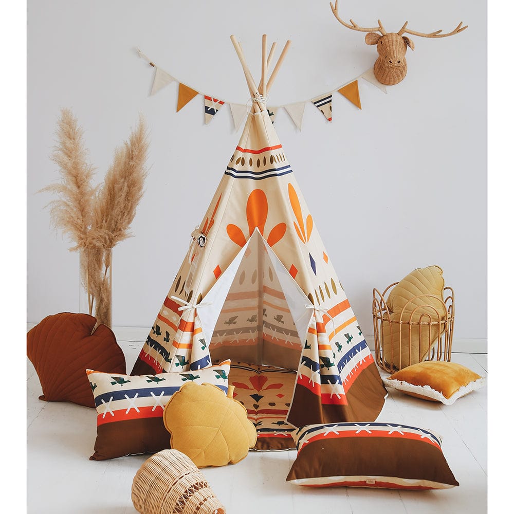 Native Vibe Teepee Tent And Mat Set - Beige, Brown, Orange, Blue - Stylemykid.com