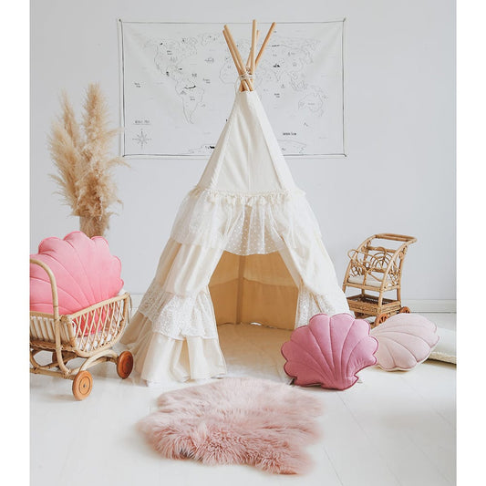 Shabby Chic Teepee With Frills And Linen Leaf Mat White - Beige, White - Stylemykid.com