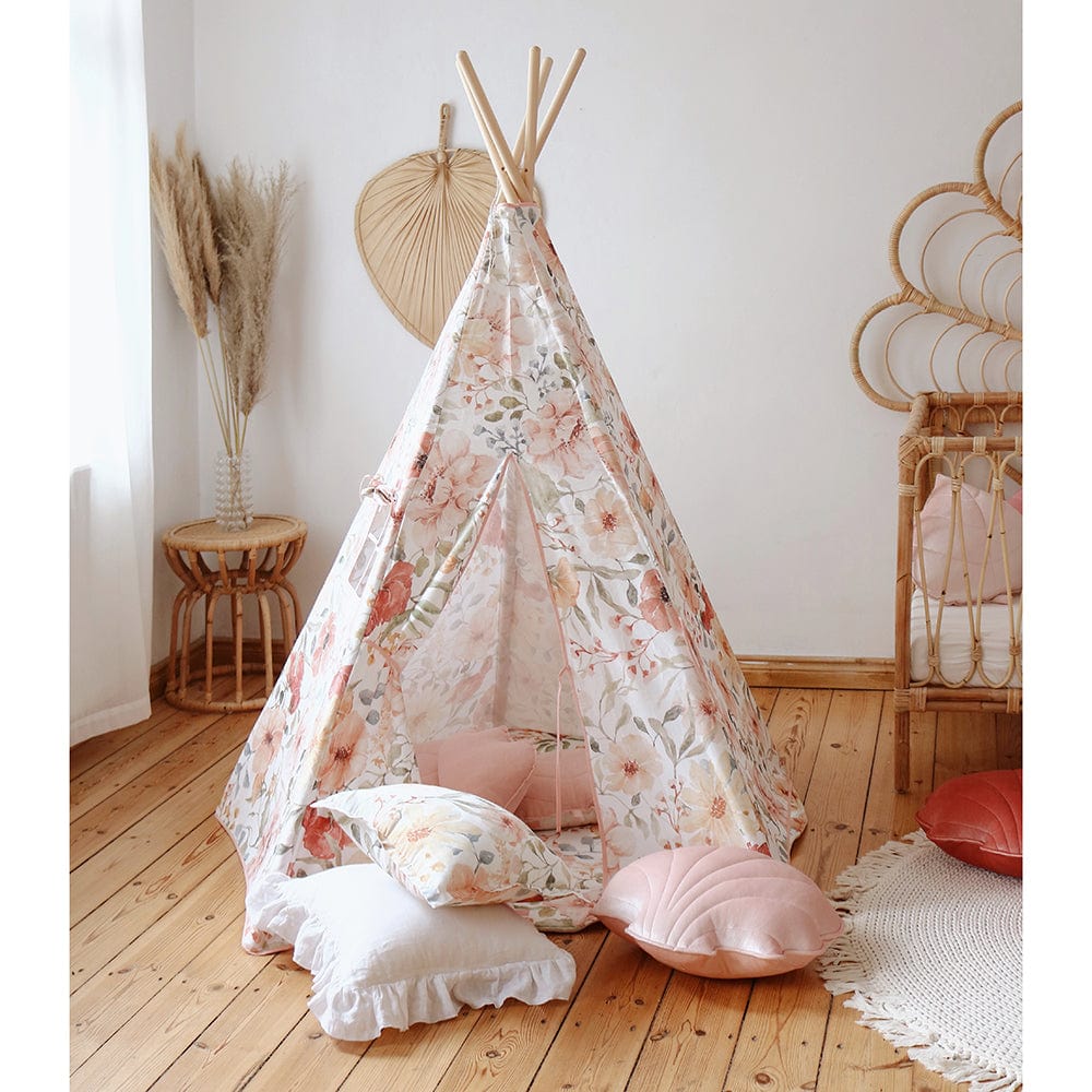 Flower Power Teepee And Mat Set - Beige, Red, Green, Orange - Stylemykid.com