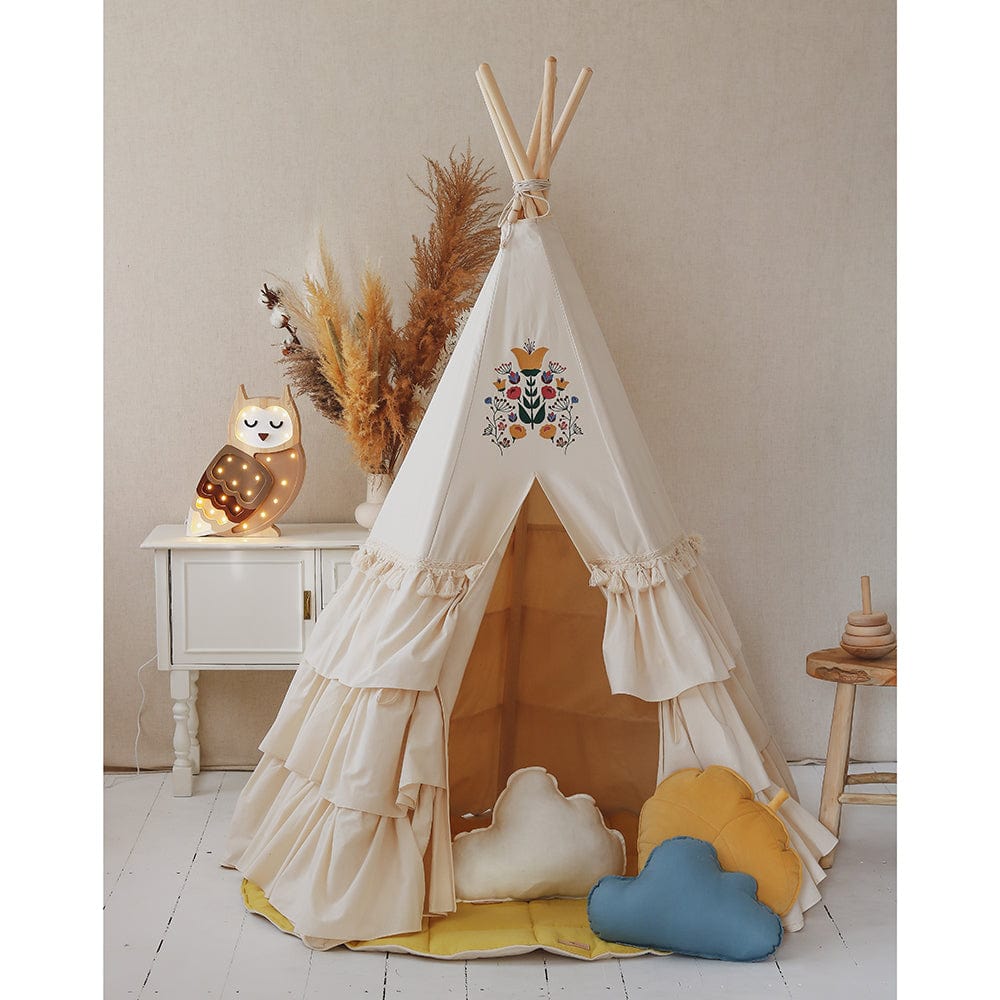 Teepee With Frills Folk - Beige With Colourful Embroidery - Stylemykid.com