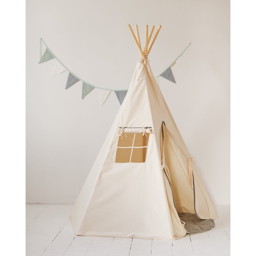 Grey Pompoms Teepee Tent With Pompoms - Beige, Grey - Stylemykid.com