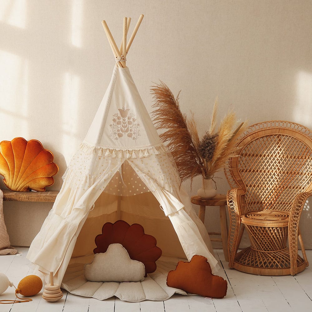 Boho Teepee Tent With Frills And Embroidery - Beige - Stylemykid.com