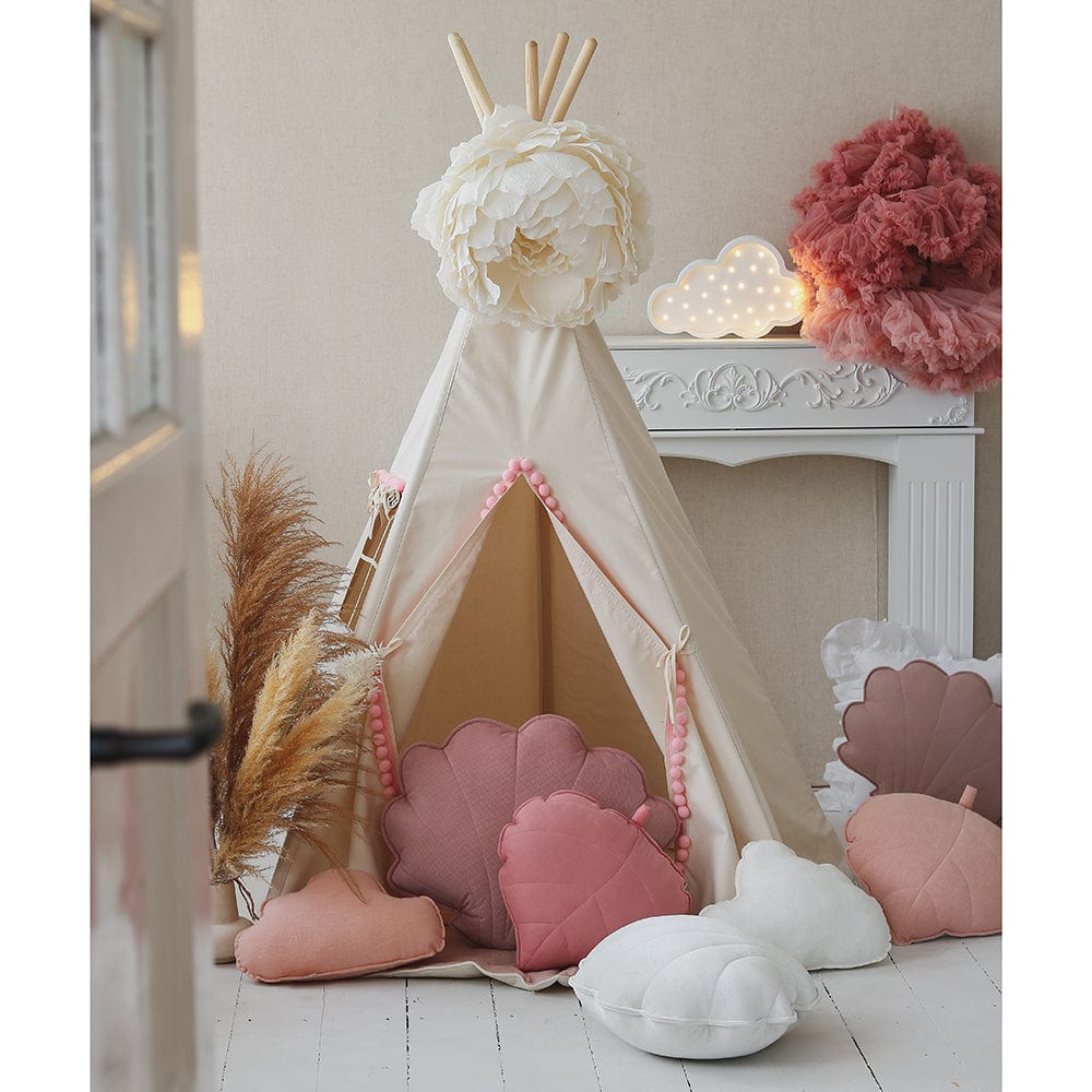 Fluffy Pompoms Teepee Tent With Pompoms - Beige, Pink - Stylemykid.com