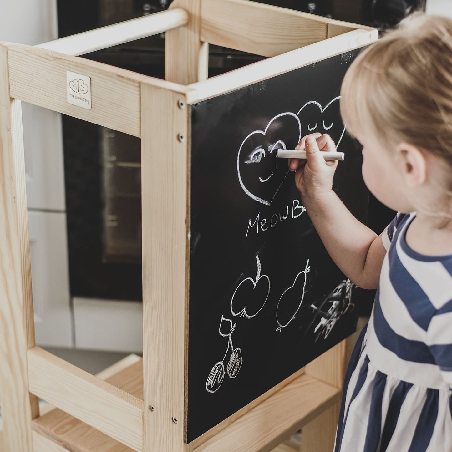 MeowBaby Wooden Kitchen Helper - Learning Tower With Board For Kids