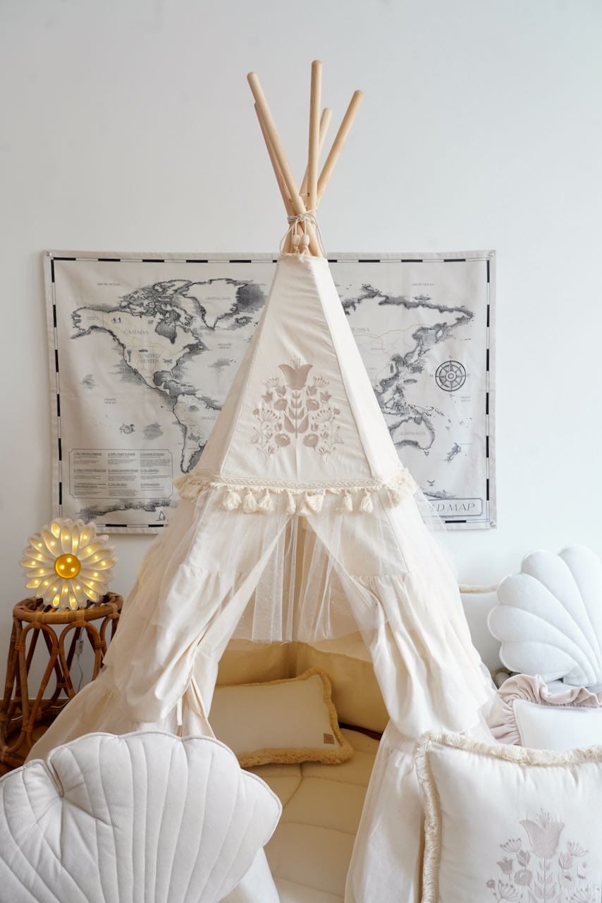 Boho Teepee With Glitter Frills And Embroidery - Beige - Stylemykid.com