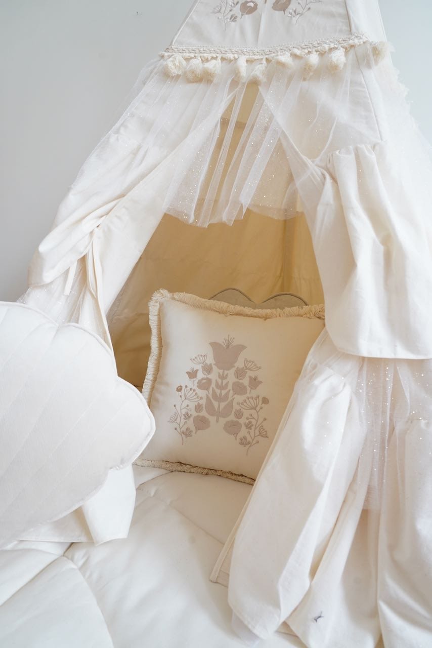 Boho Teepee With Glitter Frills And Embroidery - Beige - Stylemykid.com