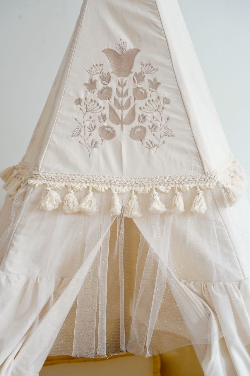 Boho Teepee With Glitter Frills And Embroidery - Beige - Stylemykid.com